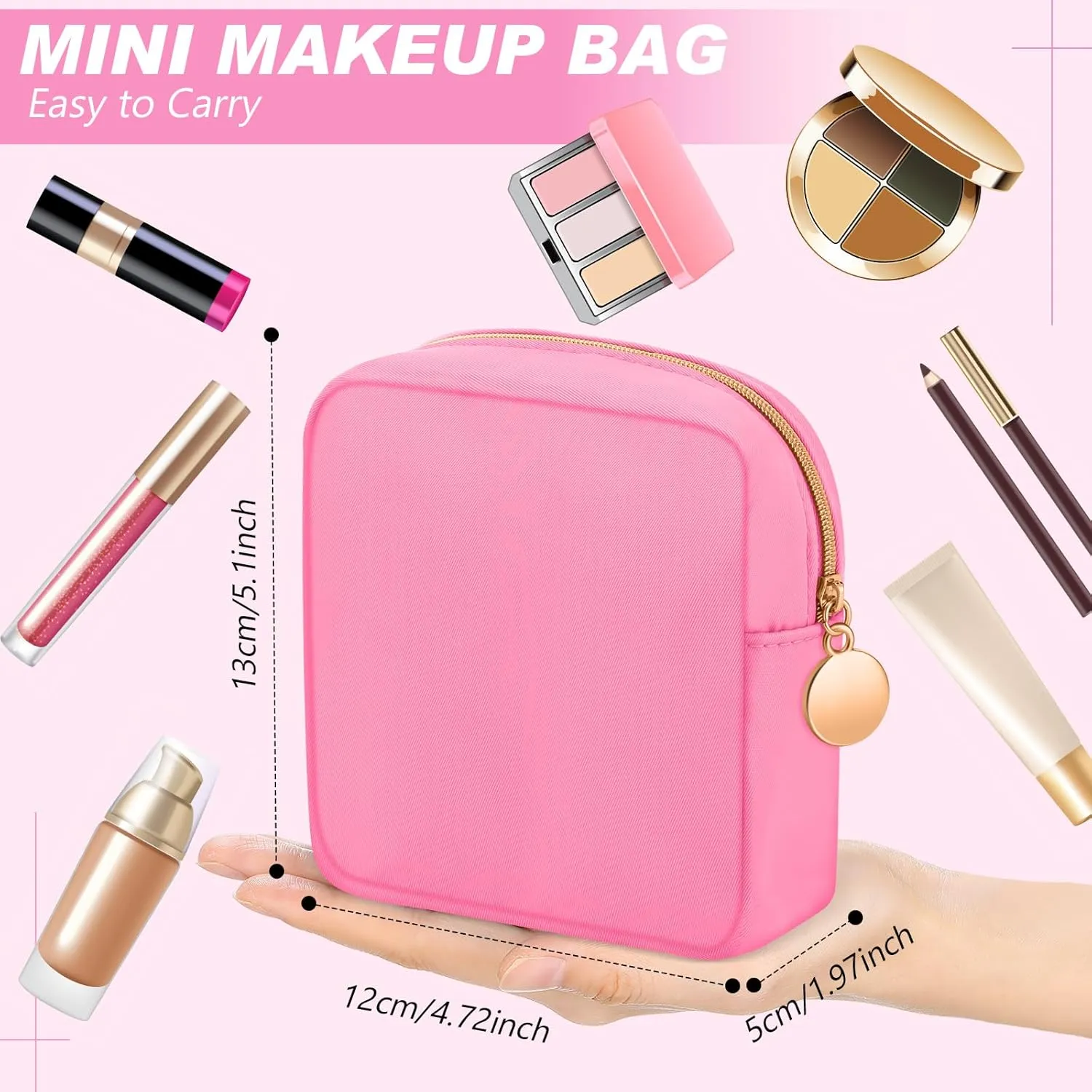 Kacctyen 12 Pcs Mini Makeup Bag Nylon Small Pouch for Purse Mini Square Nylon Pouch with Zipper Small Cosmetic Travel Makeup Bag Purse Organizer for Women(Pink Color,Regular)