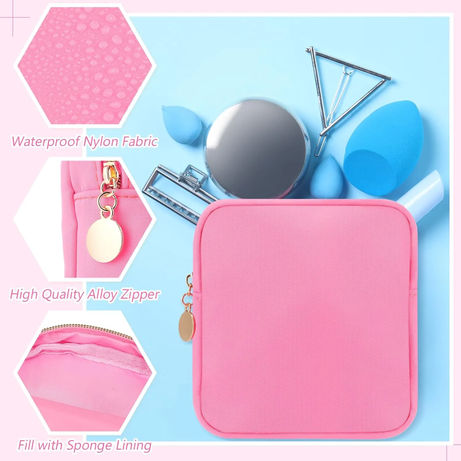 Kacctyen 12 Pcs Mini Makeup Bag Nylon Small Pouch for Purse Mini Square Nylon Pouch with Zipper Small Cosmetic Travel Makeup Bag Purse Organizer for Women(Pink Color,Regular)