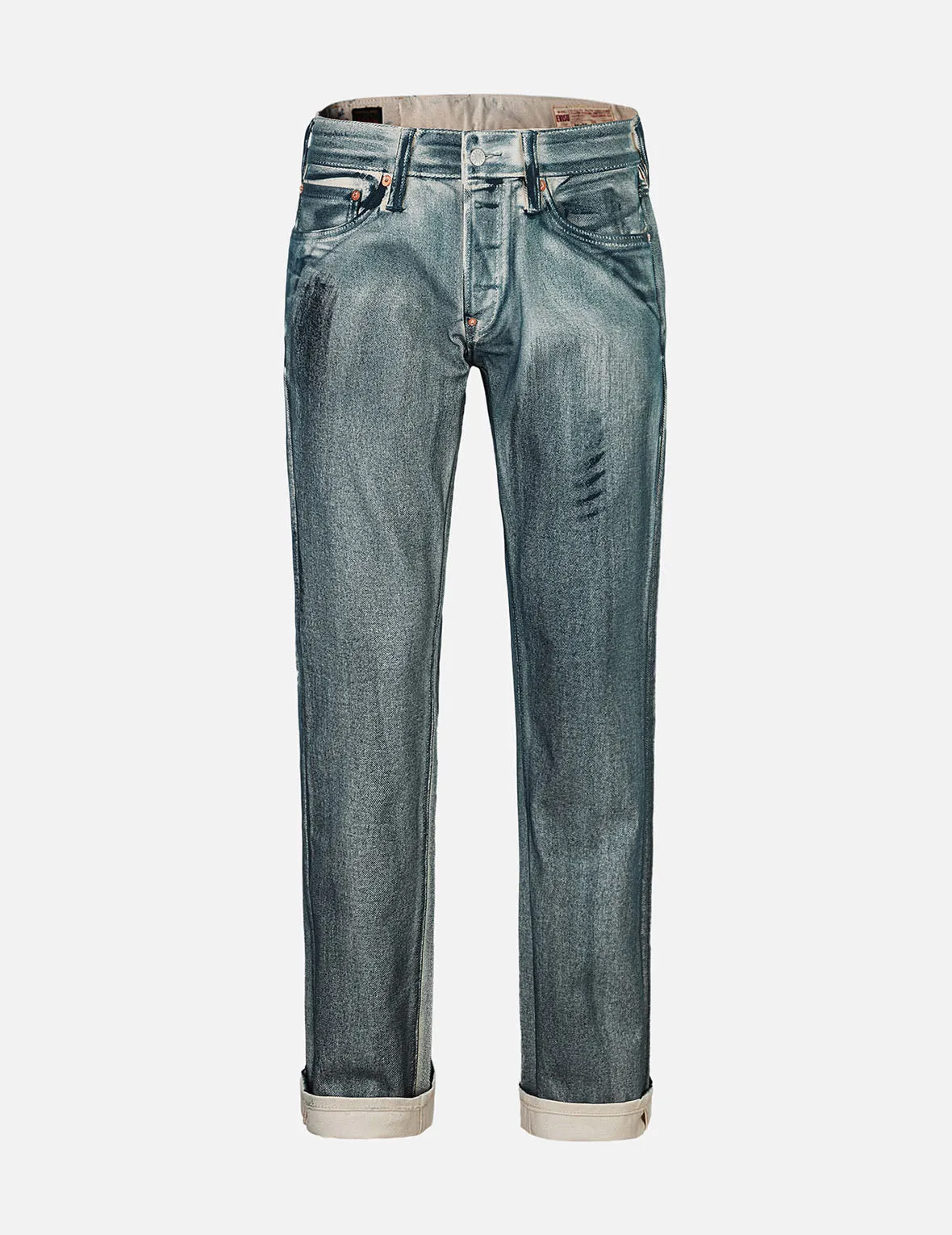 Kamon and Seagull Appliqué with Rubbing Print Regular Straight Fit Jeans #2008