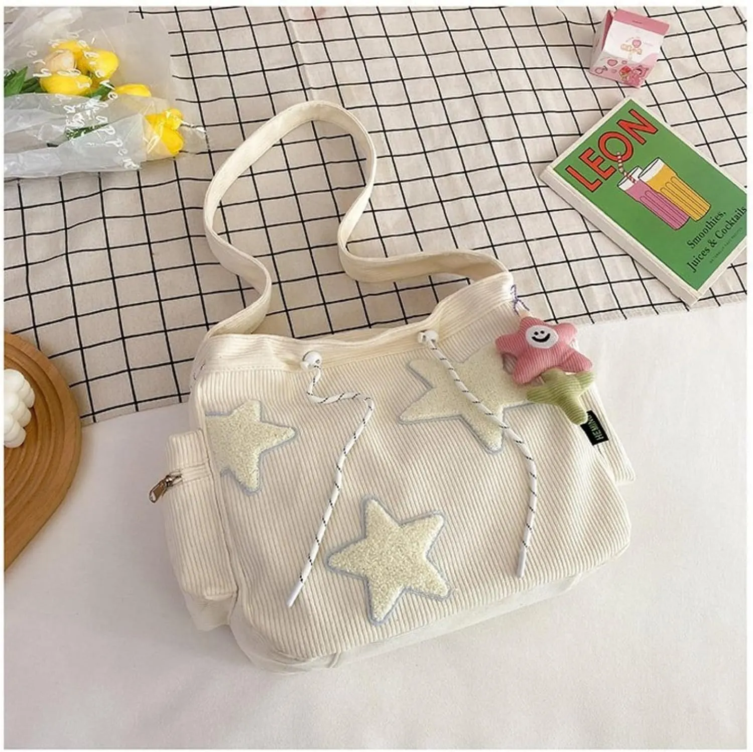 Kawaii Shoulder Bag Crossbody Bags For Women with Cute Accessories Large Tote Bag Casual Handbags Star Pattern