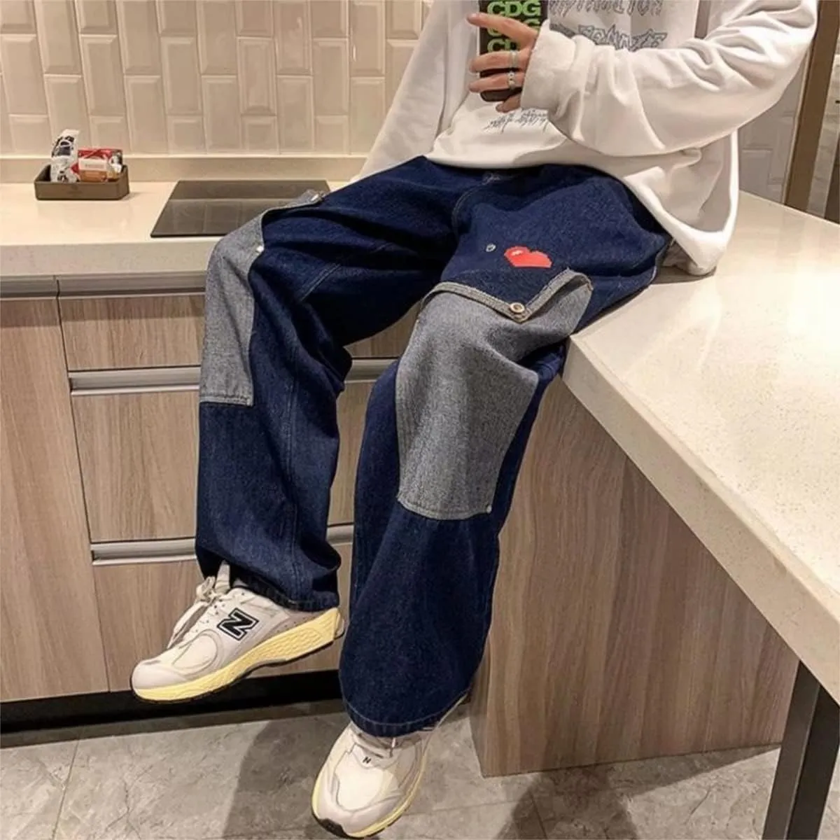 KCLOT Men's Relaxed Fit Hip Hop Straight Jeans Wide Leg Denim Pants 90's Style