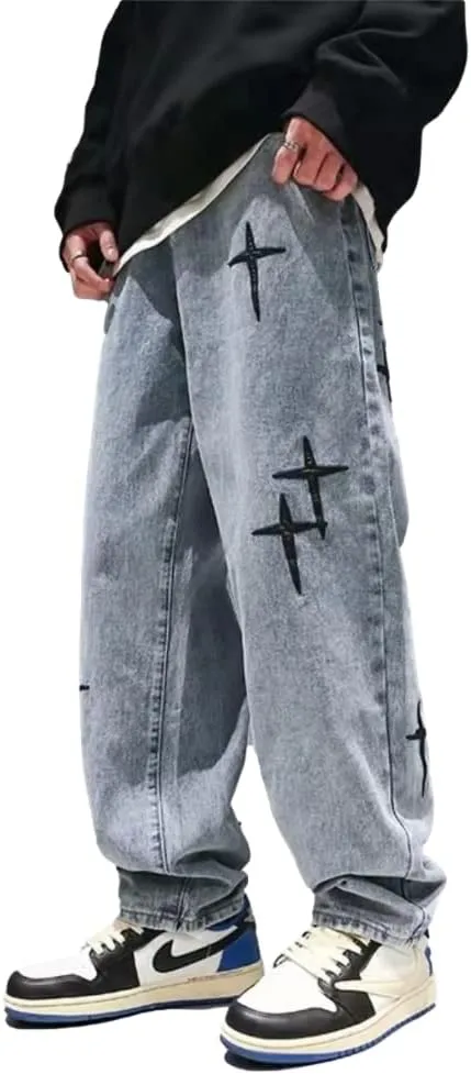 KCLOT Men's Relaxed Fit Hip Hop Straight Jeans Wide Leg Denim Pants 90's Style