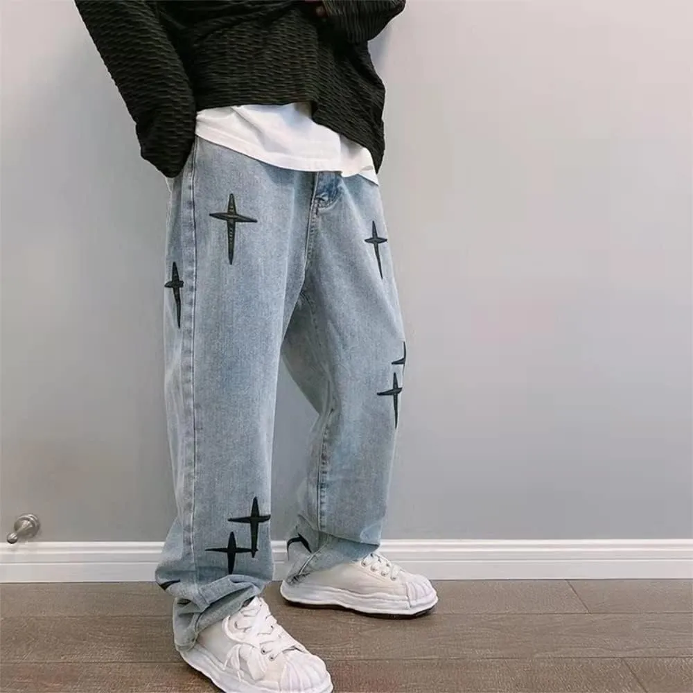 KCLOT Men's Relaxed Fit Hip Hop Straight Jeans Wide Leg Denim Pants 90's Style