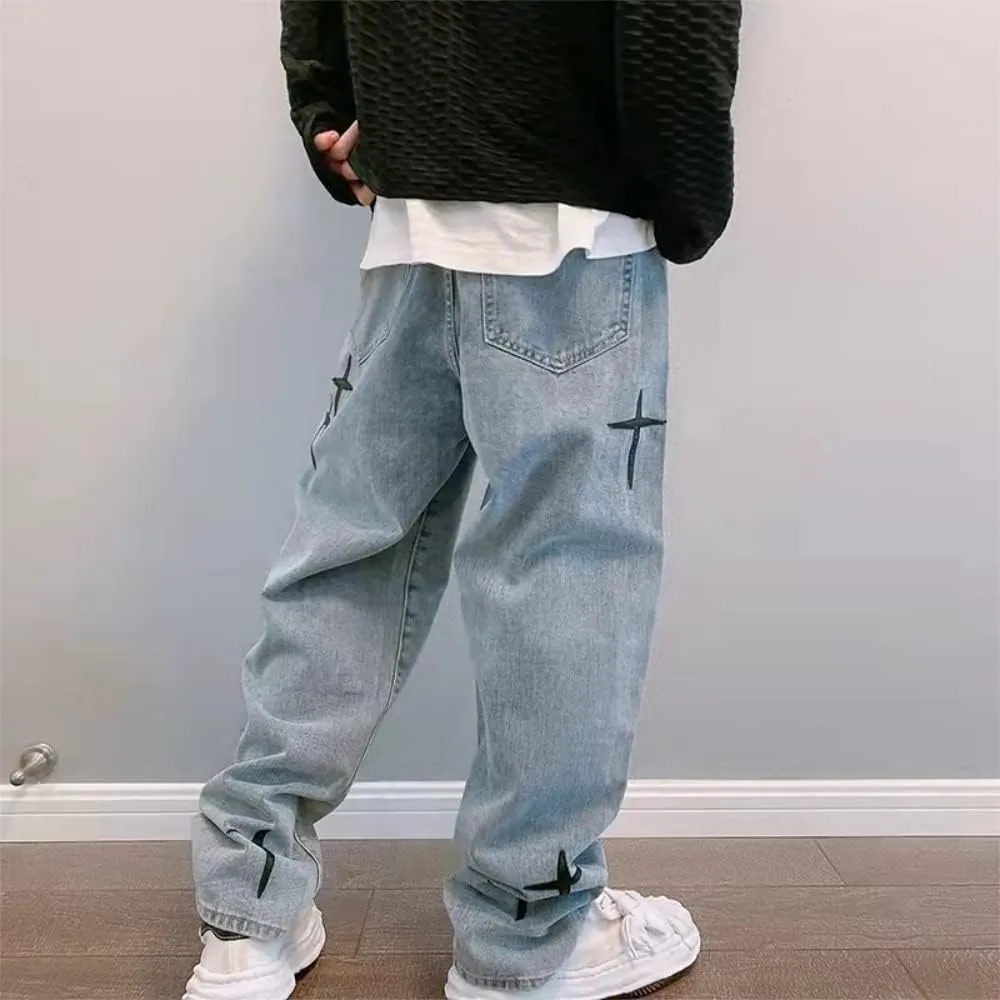KCLOT Men's Relaxed Fit Hip Hop Straight Jeans Wide Leg Denim Pants 90's Style