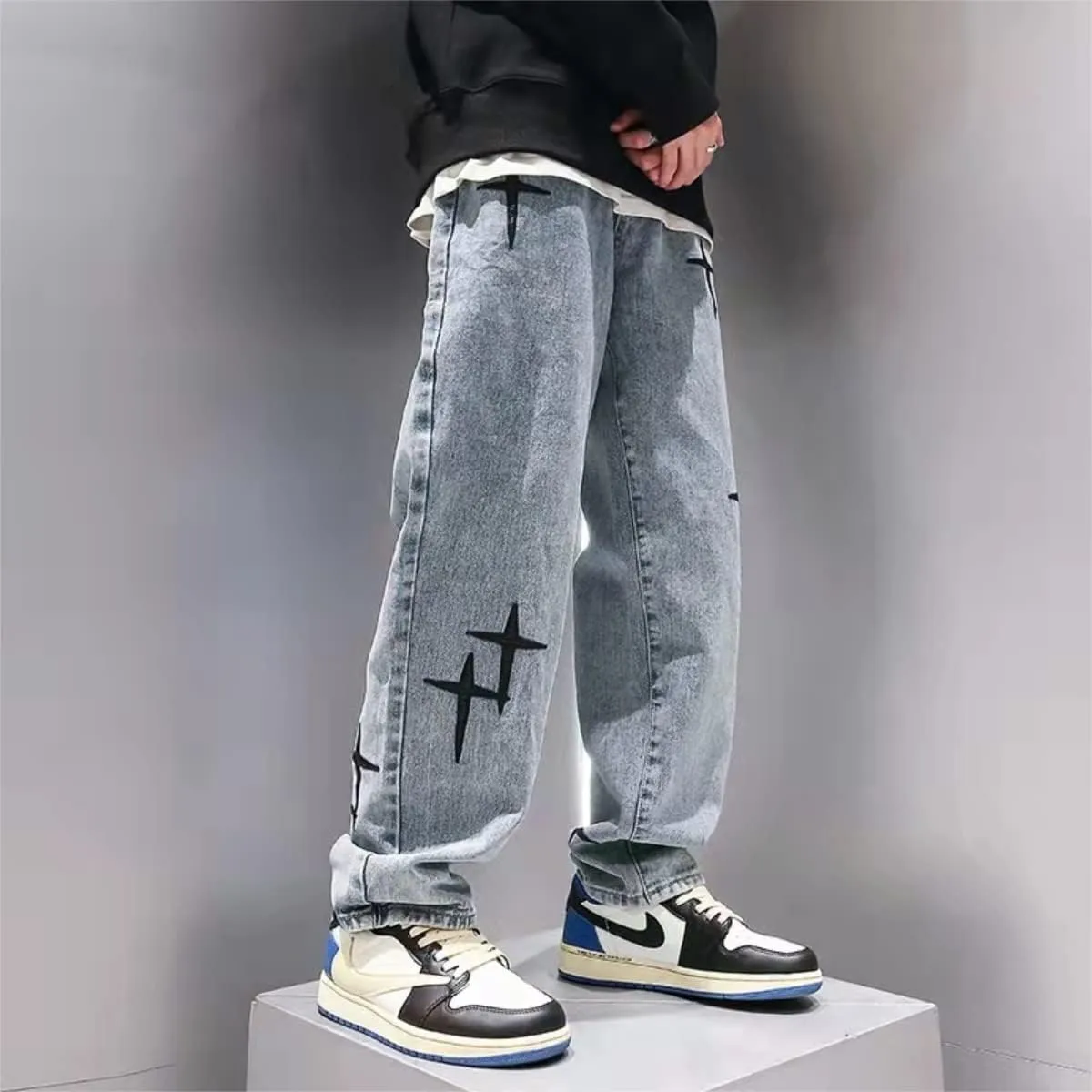 KCLOT Men's Relaxed Fit Hip Hop Straight Jeans Wide Leg Denim Pants 90's Style