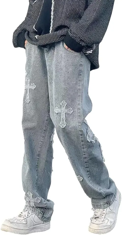 KCLOT Men's Relaxed Fit Hip Hop Straight Jeans Wide Leg Denim Pants 90's Style
