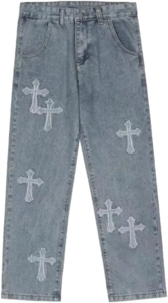 KCLOT Men's Relaxed Fit Hip Hop Straight Jeans Wide Leg Denim Pants 90's Style