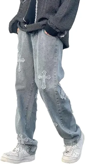 KCLOT Men's Relaxed Fit Hip Hop Straight Jeans Wide Leg Denim Pants 90's Style