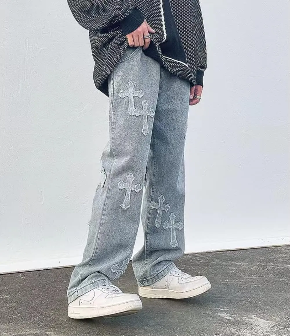 KCLOT Men's Relaxed Fit Hip Hop Straight Jeans Wide Leg Denim Pants 90's Style