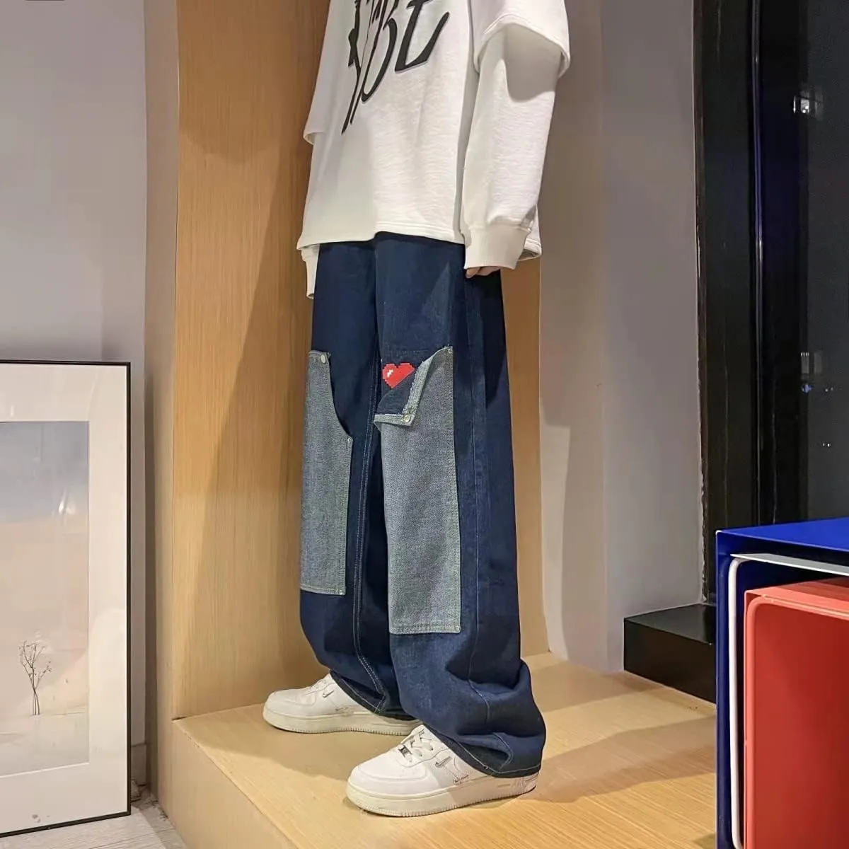 KCLOT Men's Relaxed Fit Hip Hop Straight Jeans Wide Leg Denim Pants 90's Style