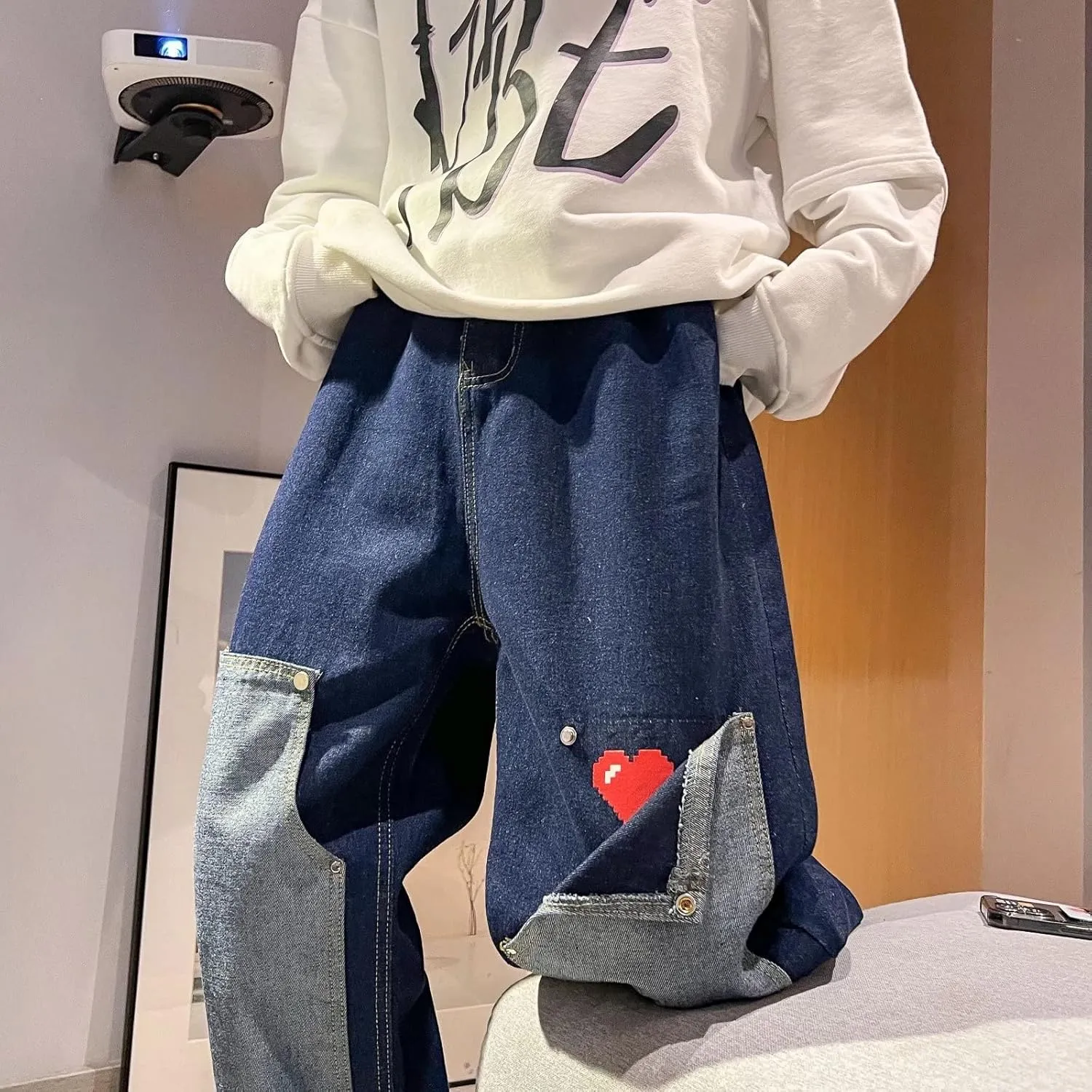 KCLOT Men's Relaxed Fit Hip Hop Straight Jeans Wide Leg Denim Pants 90's Style
