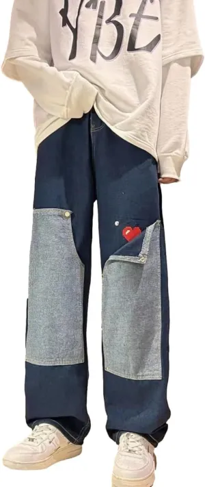 KCLOT Men's Relaxed Fit Hip Hop Straight Jeans Wide Leg Denim Pants 90's Style