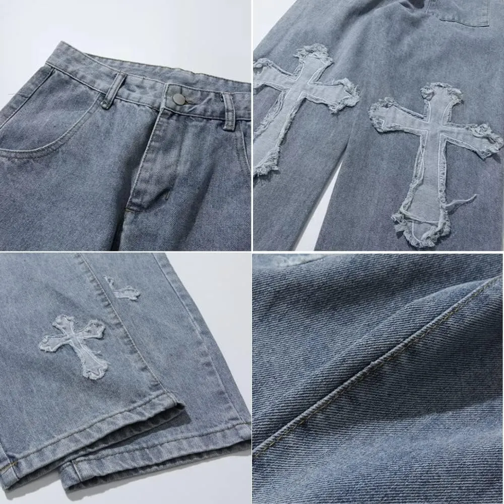 KCLOT Men's Relaxed Fit Hip Hop Straight Jeans Wide Leg Denim Pants 90's Style