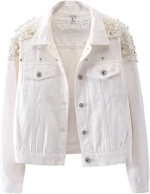 Kedera Women's Jean Jacket Embroidered Rivet Pearl Short Denim Jacket Coat