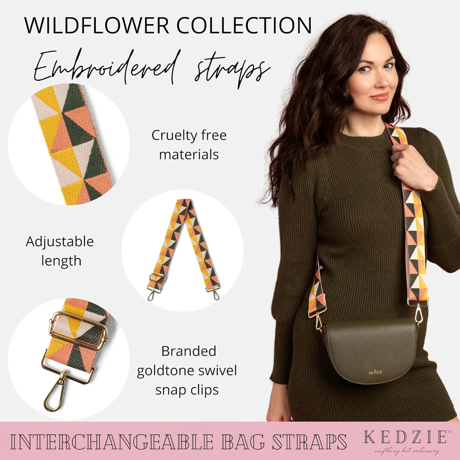 KEDZIE Embroidered Interchangeable Bag Straps Adjustable Length 55” Handbag Purse 2-inch Wide Guitar Style Crossbody Strap
