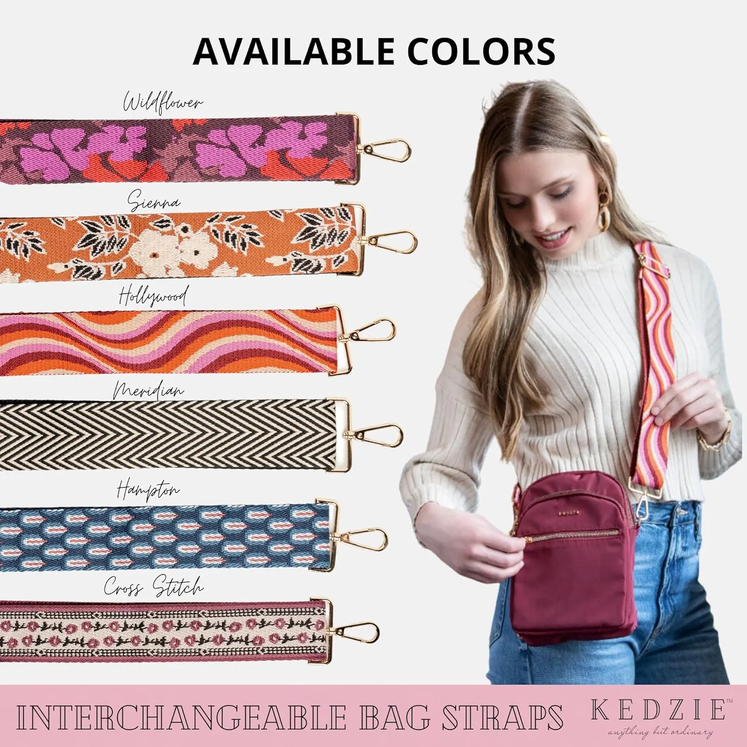 KEDZIE Embroidered Interchangeable Bag Straps Adjustable Length 55” Handbag Purse 2-inch Wide Guitar Style Crossbody Strap