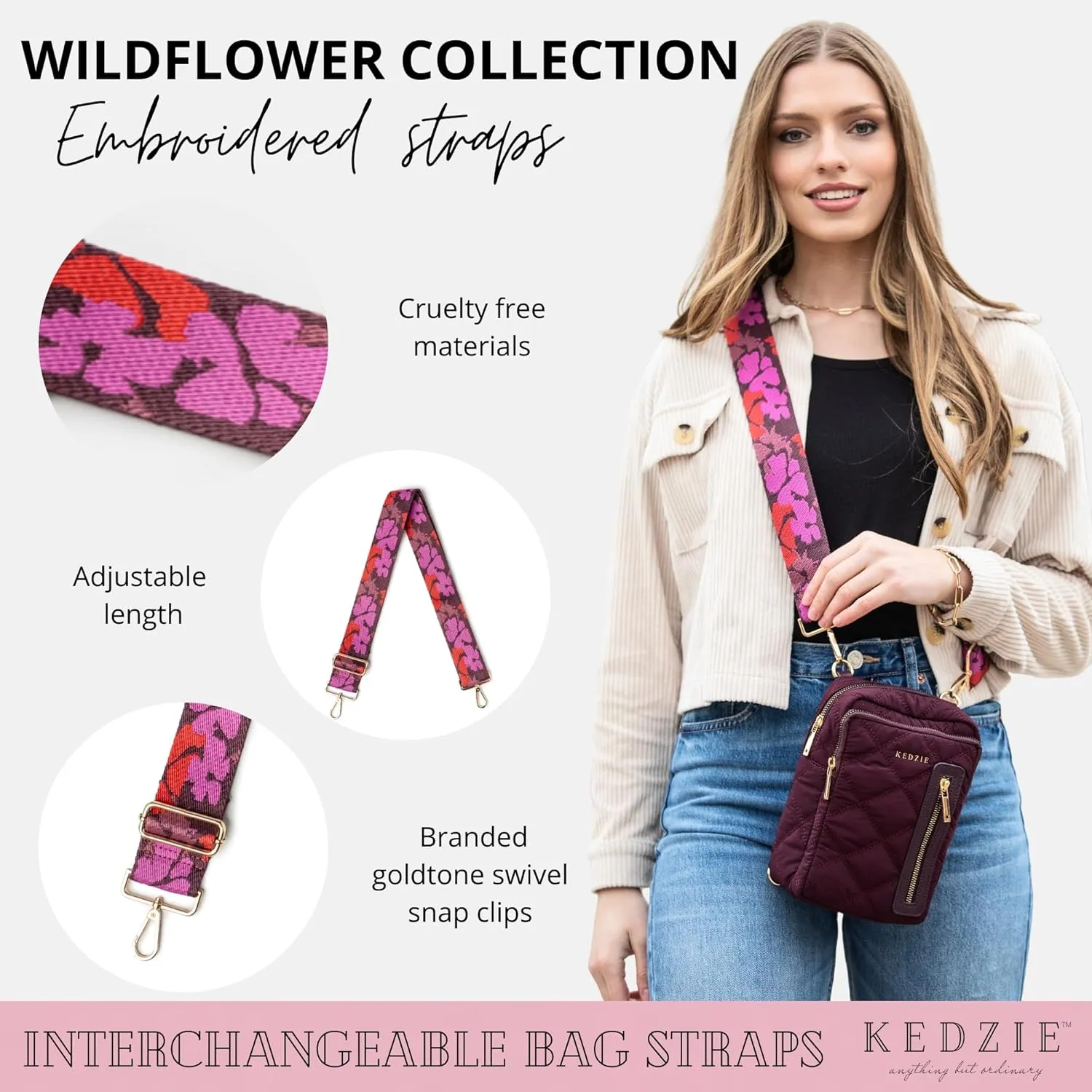 KEDZIE Embroidered Interchangeable Bag Straps Adjustable Length 55” Handbag Purse 2-inch Wide Guitar Style Crossbody Strap
