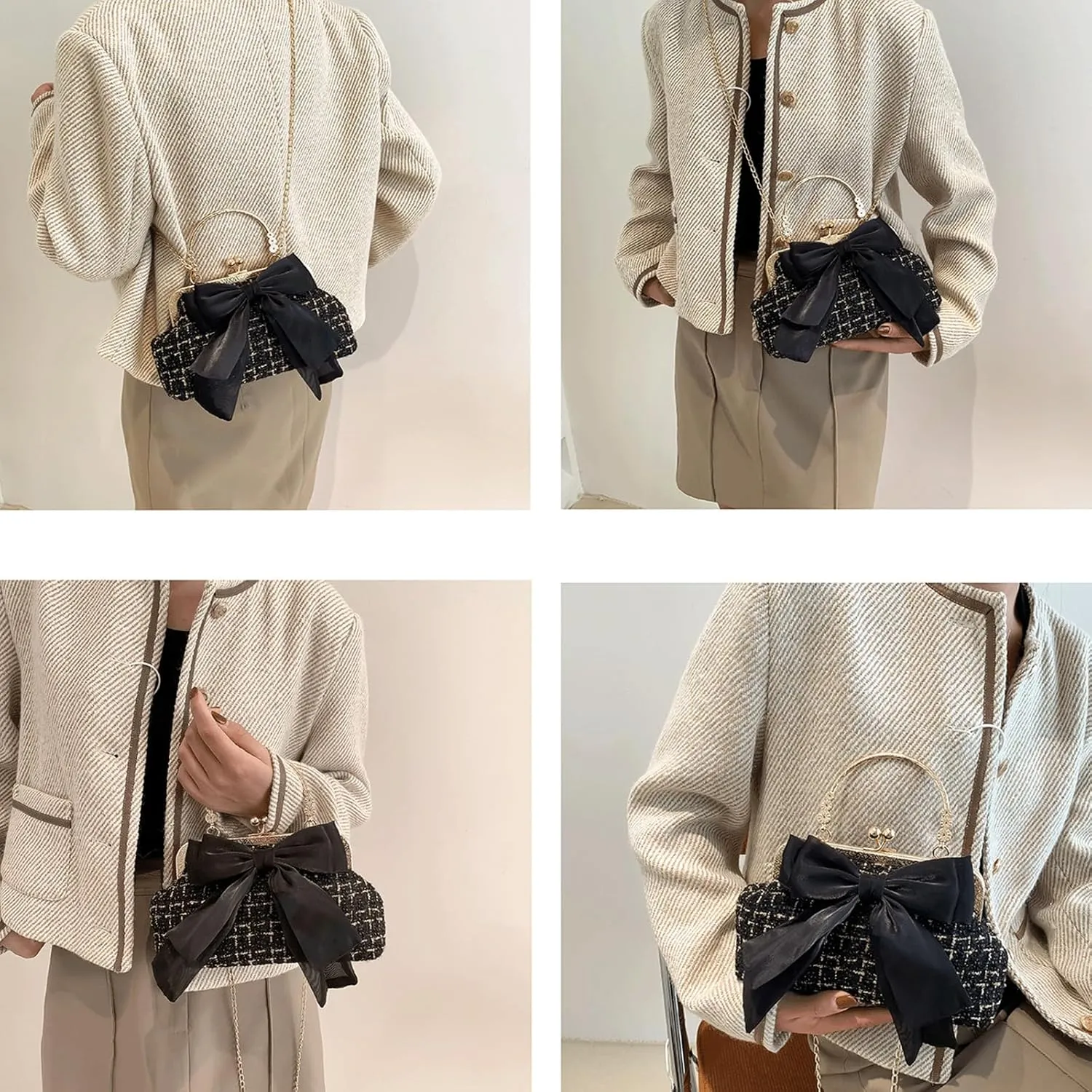 Kiss Lock Purse and Handbag for Women Plaid Pattern Bow Crossbody Bag Medium Handbags Kiss Clasp Tote Shoulder Bags