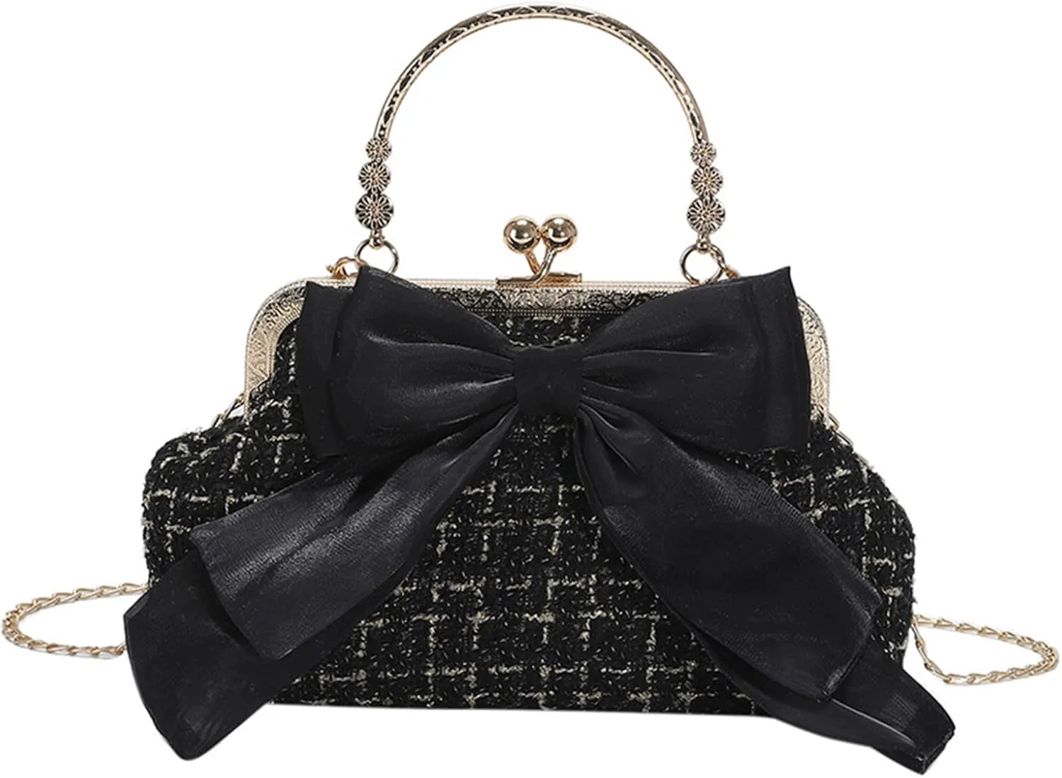 Kiss Lock Purse and Handbag for Women Plaid Pattern Bow Crossbody Bag Medium Handbags Kiss Clasp Tote Shoulder Bags