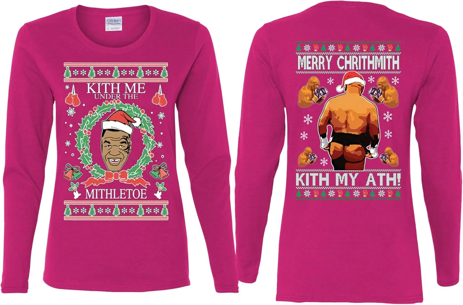 Kith Me Under The Mithletoe Mike Tyson Front and Back Funny Ugly Christmas Womens Long Sleeves