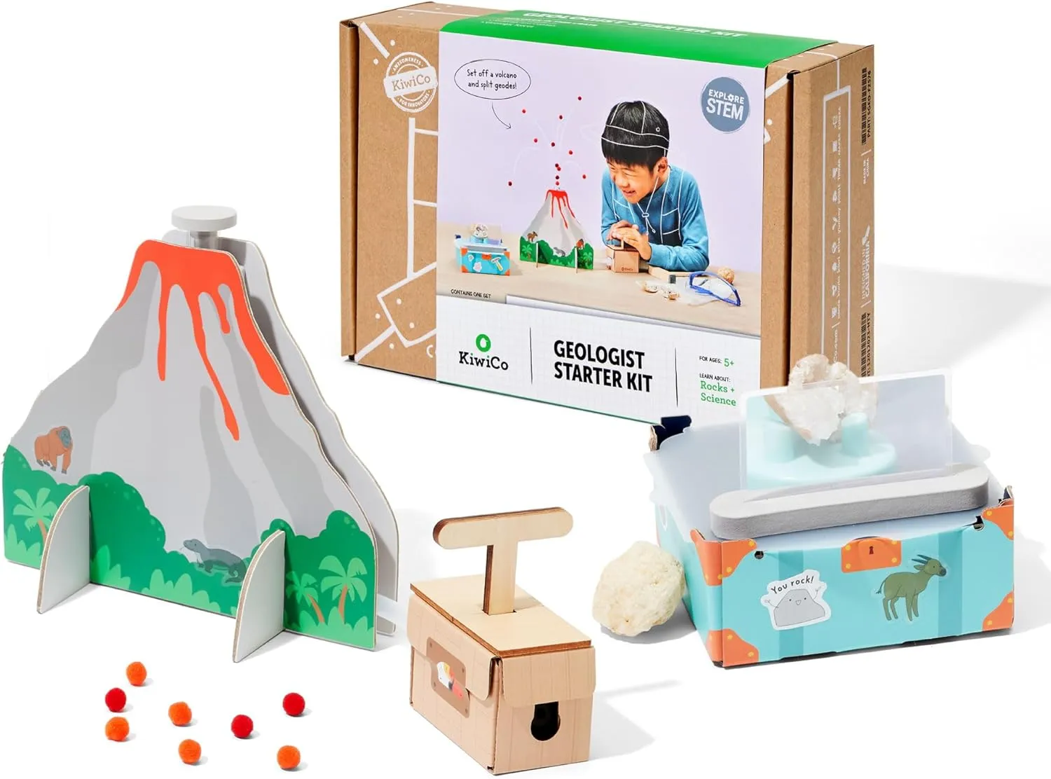 KiwiCo Kids Geologist Kit for 5-8 Years Old | Break Open Crystal Geodes with Geology Tools, Rock Display Case & Scientifically Accurate Volcano Experiment | Fun Science Kit for Boys & Girls