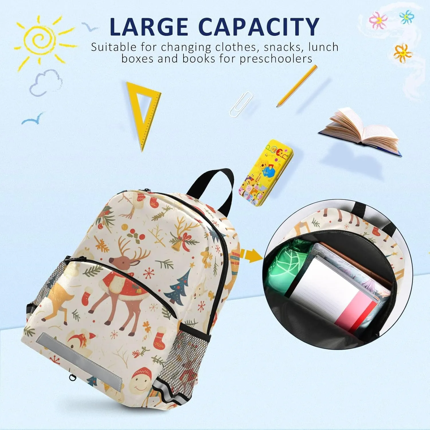 KLL Mini Preschool Backpack Christmas Pattern Reindeer Mini Travel Bookbag for Primary School