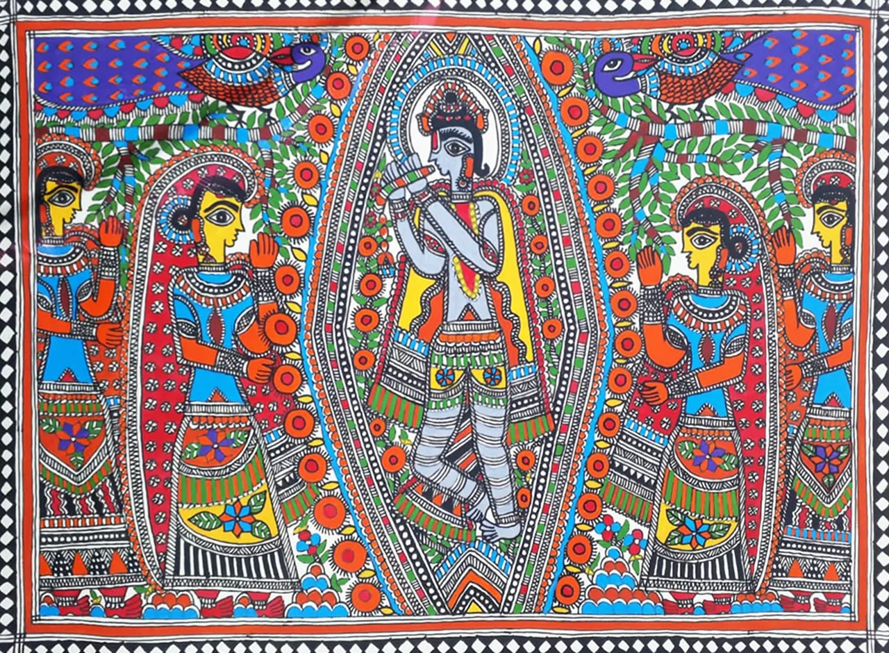 Krishna and the Gopis in Madhubani by Vibhuti Nath