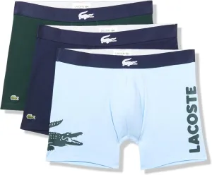 Lacoste Men's Cotton Stretch Big Croc Print Boxer Briefs, 3-Pack, Blue/Dark Green/Navy Blue, Medium
