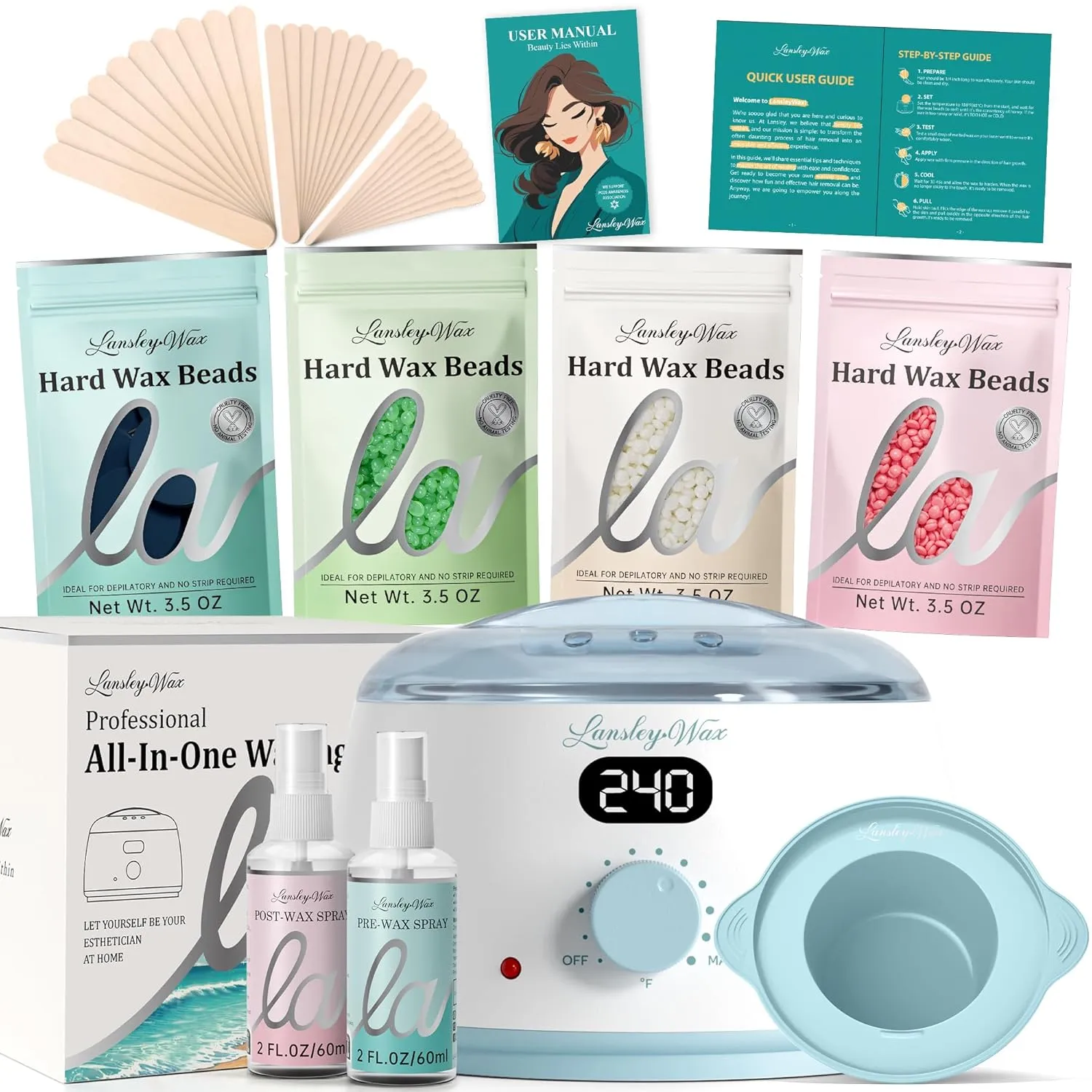 LANSLEYWAX Digital Waxing Kit for Women Men 2025 Upgraded-Blue Wax Machine with 39 Accessories-Hard Wax Kit for Bikini Brazilian Face Sensitive Skin, Waxing Heater Hair Removal for Home/Salon Use