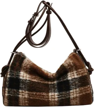 Large Capacity Tote Bag for Women Fall Winter Woolen Plaid Design Shoulder Bag for Casual 2024
