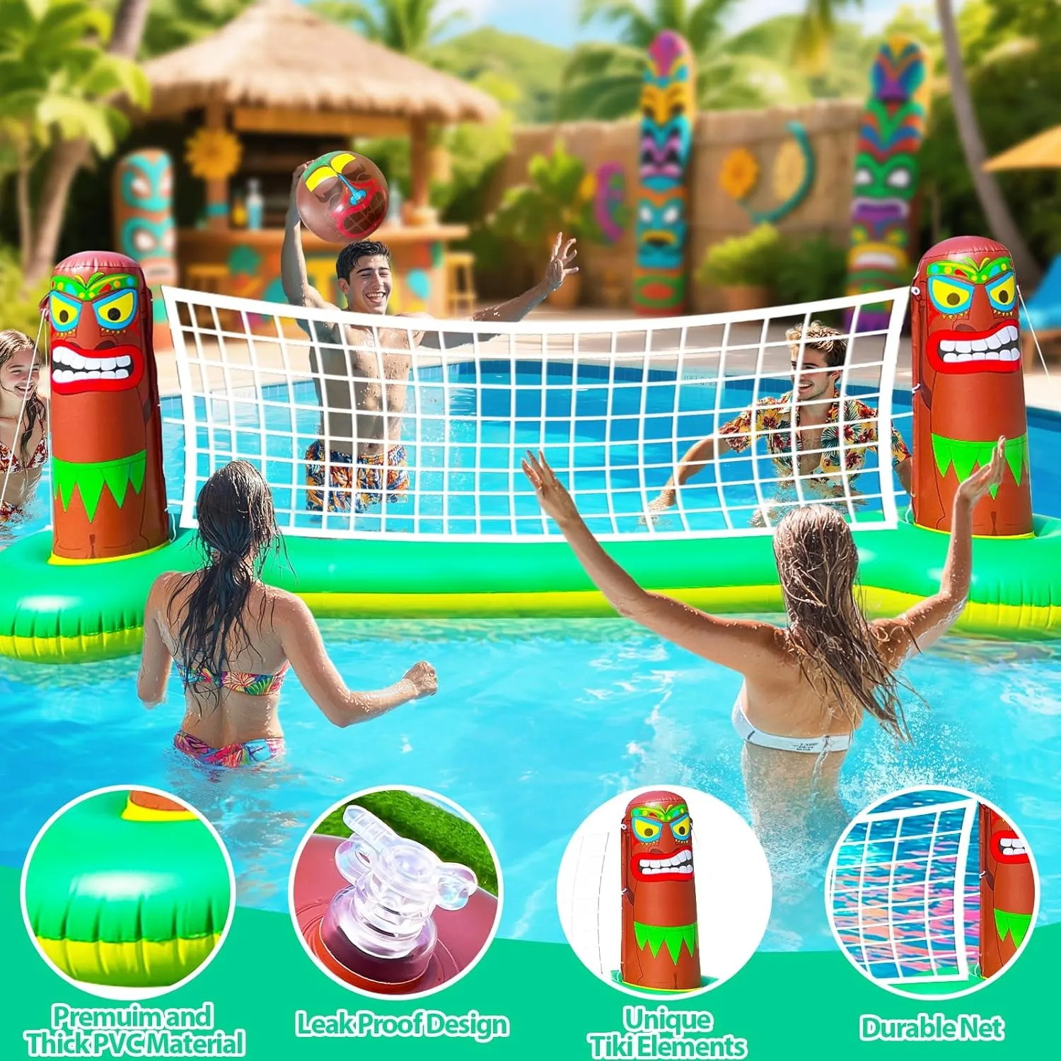 Large Inflatable Luau Tiki Pool Games Volleyball Net Pool Float Set with 9" Beach Ball, Floating Swimming Water Sports Game Toy for Adults & Kids, Summer Luau Tropical Hawaiian Party Supplies