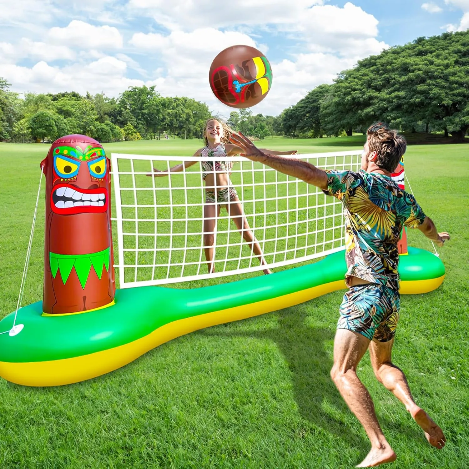 Large Inflatable Luau Tiki Pool Games Volleyball Net Pool Float Set with 9" Beach Ball, Floating Swimming Water Sports Game Toy for Adults & Kids, Summer Luau Tropical Hawaiian Party Supplies