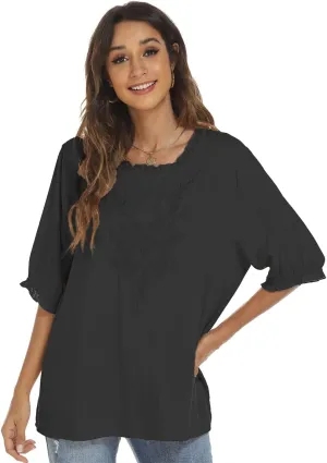 LauraKlein 3/4 Sleeve Tops for Women Mexican Embroidered Tops Peasant Blouse Boho Round Neck Shirts Bohemian Casual Tunic