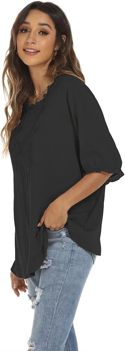 LauraKlein 3/4 Sleeve Tops for Women Mexican Embroidered Tops Peasant Blouse Boho Round Neck Shirts Bohemian Casual Tunic
