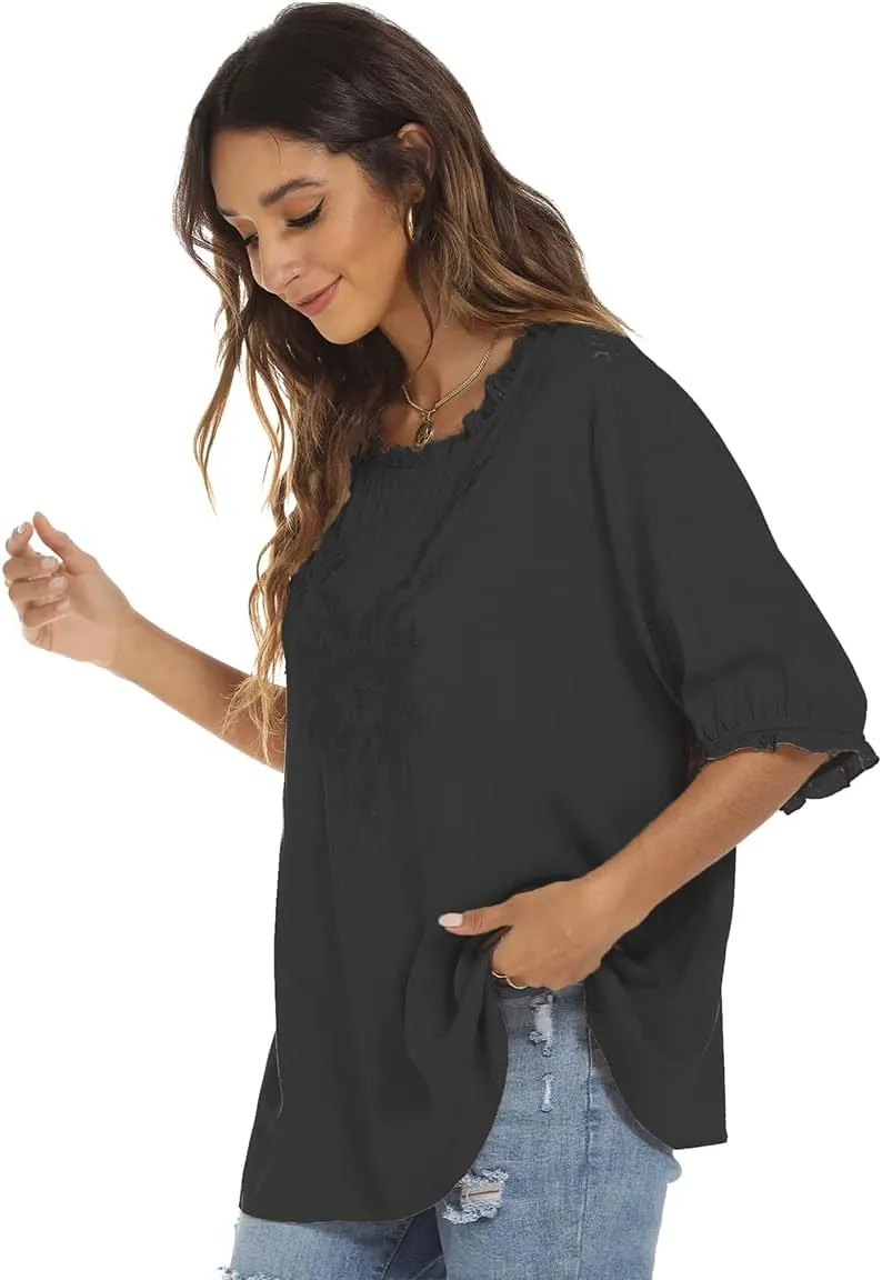 LauraKlein 3/4 Sleeve Tops for Women Mexican Embroidered Tops Peasant Blouse Boho Round Neck Shirts Bohemian Casual Tunic