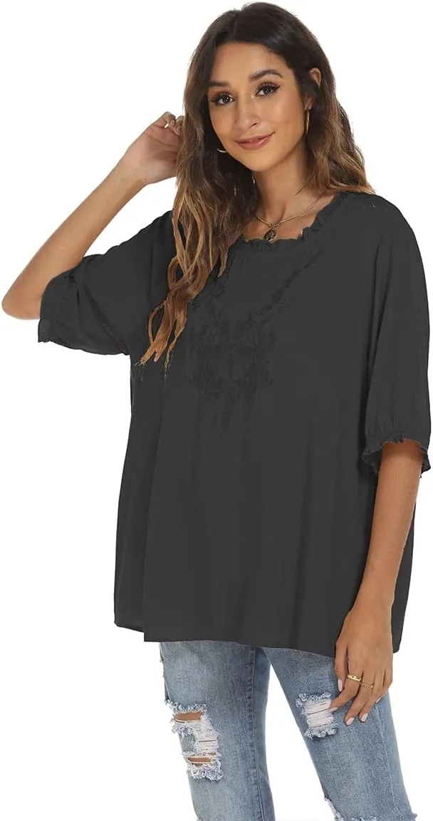LauraKlein 3/4 Sleeve Tops for Women Mexican Embroidered Tops Peasant Blouse Boho Round Neck Shirts Bohemian Casual Tunic
