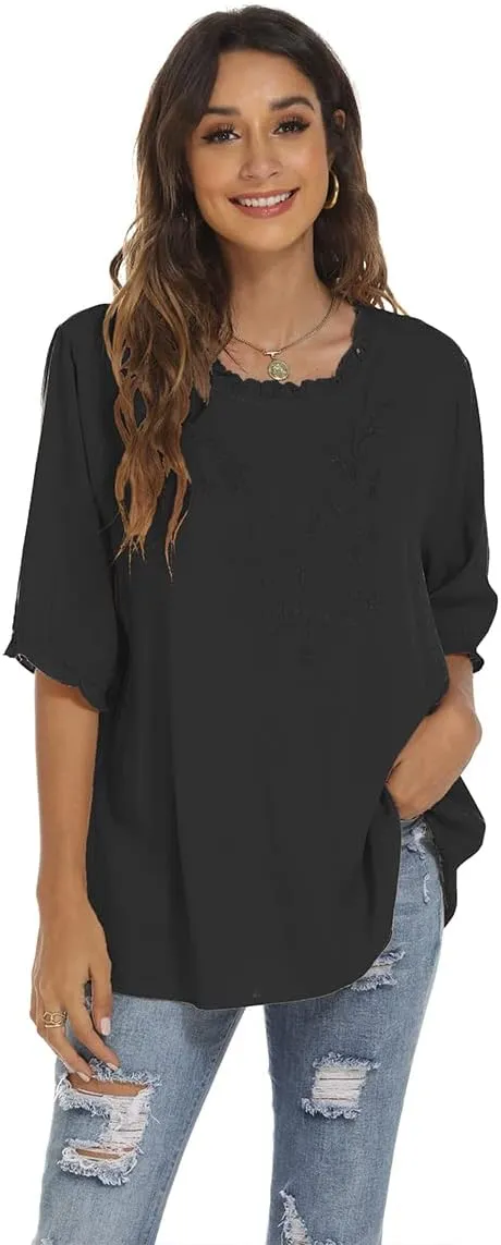 LauraKlein 3/4 Sleeve Tops for Women Mexican Embroidered Tops Peasant Blouse Boho Round Neck Shirts Bohemian Casual Tunic