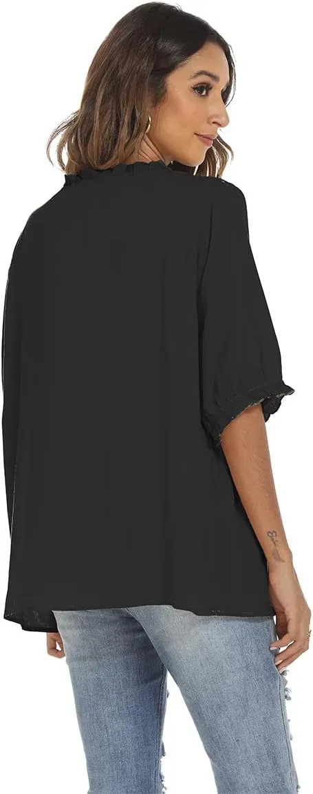 LauraKlein 3/4 Sleeve Tops for Women Mexican Embroidered Tops Peasant Blouse Boho Round Neck Shirts Bohemian Casual Tunic