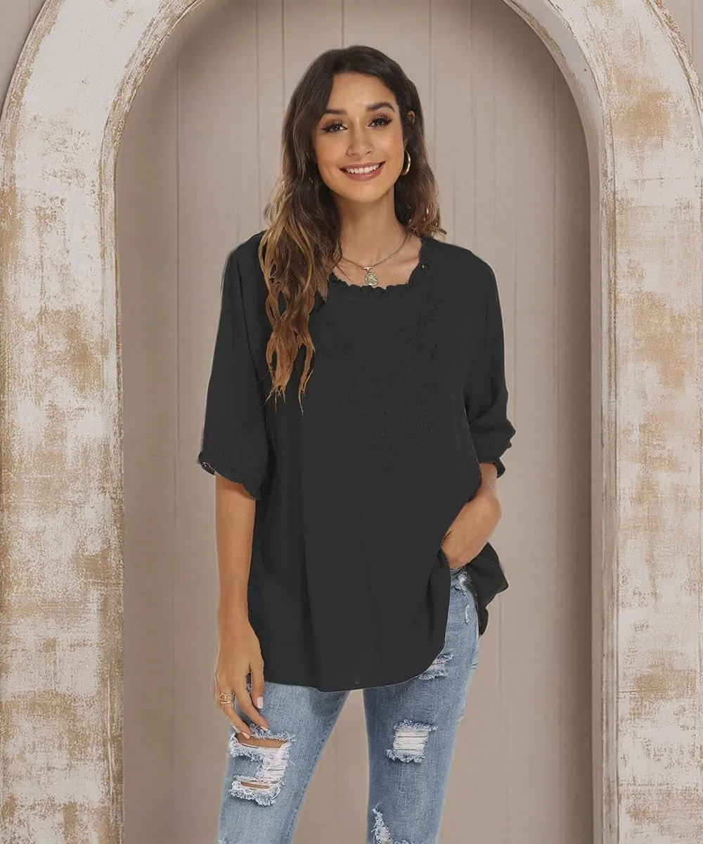 LauraKlein 3/4 Sleeve Tops for Women Mexican Embroidered Tops Peasant Blouse Boho Round Neck Shirts Bohemian Casual Tunic
