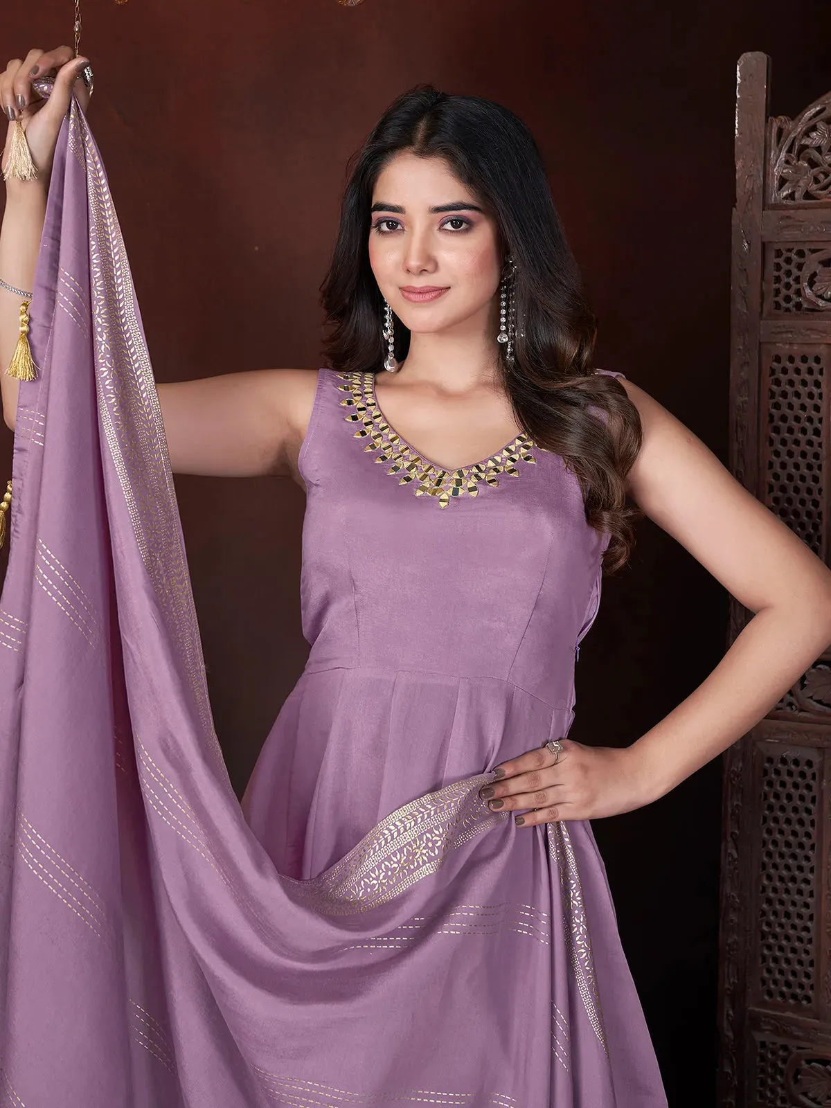 Lavender Designer Foil Print Kurti Set with Mirror Work