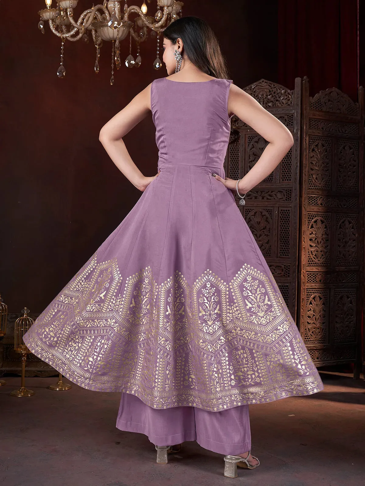 Lavender Designer Foil Print Kurti Set with Mirror Work