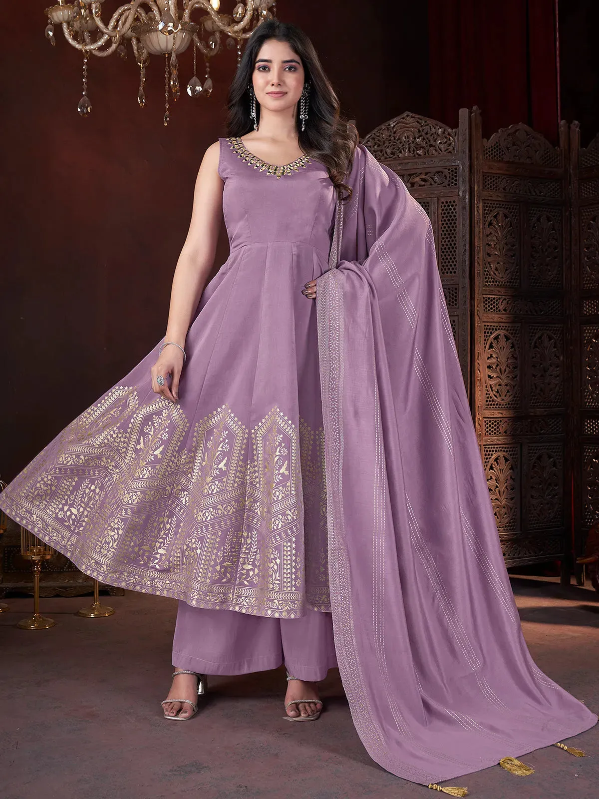 Lavender Designer Foil Print Kurti Set with Mirror Work
