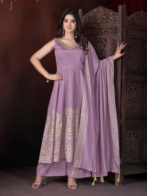 Lavender Designer Foil Print Kurti Set with Mirror Work