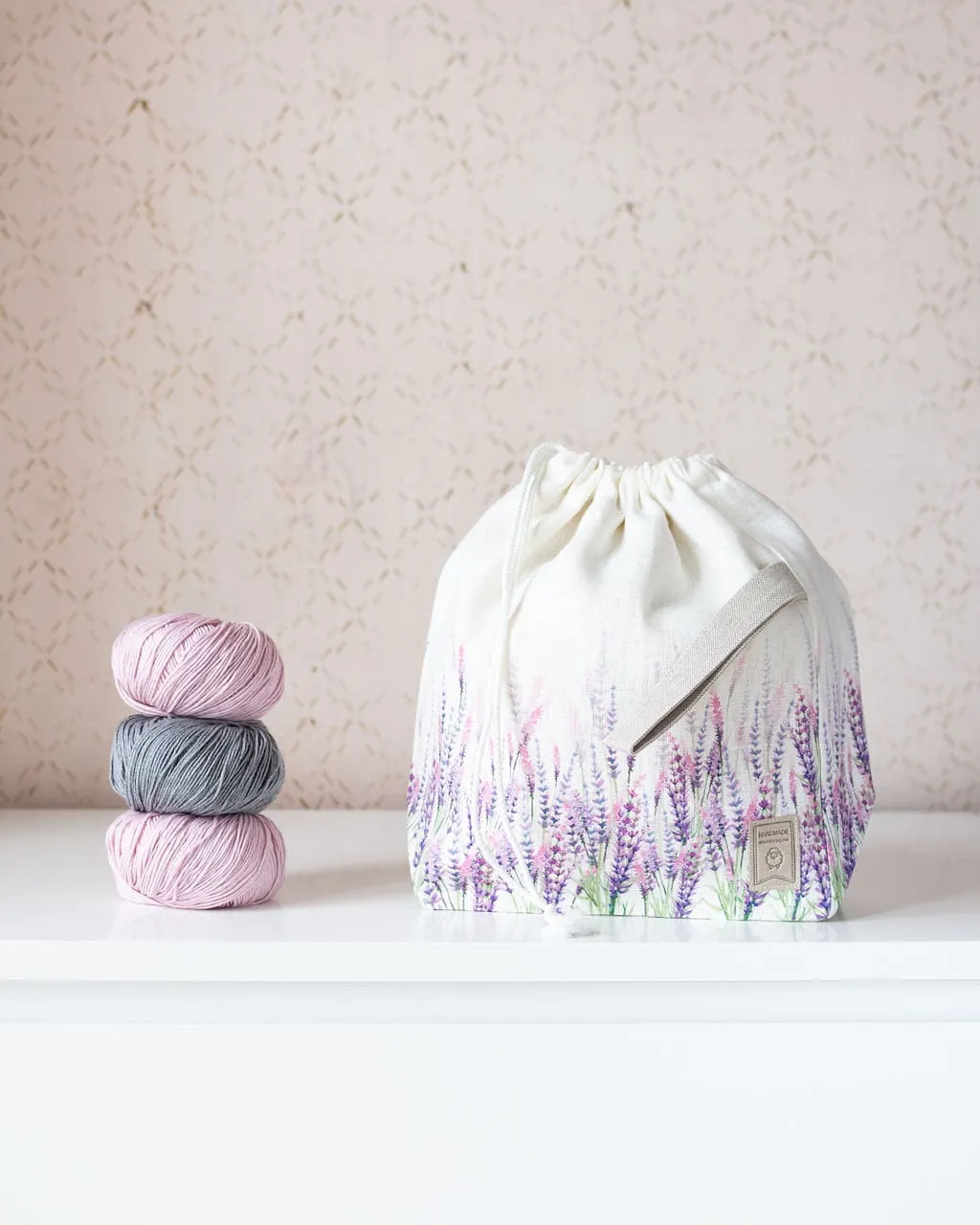Lavender Project Bag. Drawstring Knitting Project Bag. Large. Summer Flowers collection. Special KnitterBag design.