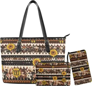 Leather Work Bag for Women Tote Bags with Clutch Makeup Travel Bag and Long Wallet 3 Piece Set