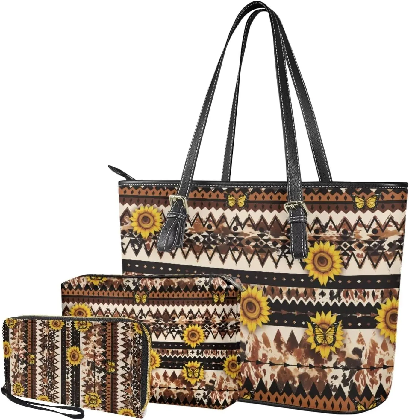 Leather Work Bag for Women Tote Bags with Clutch Makeup Travel Bag and Long Wallet 3 Piece Set