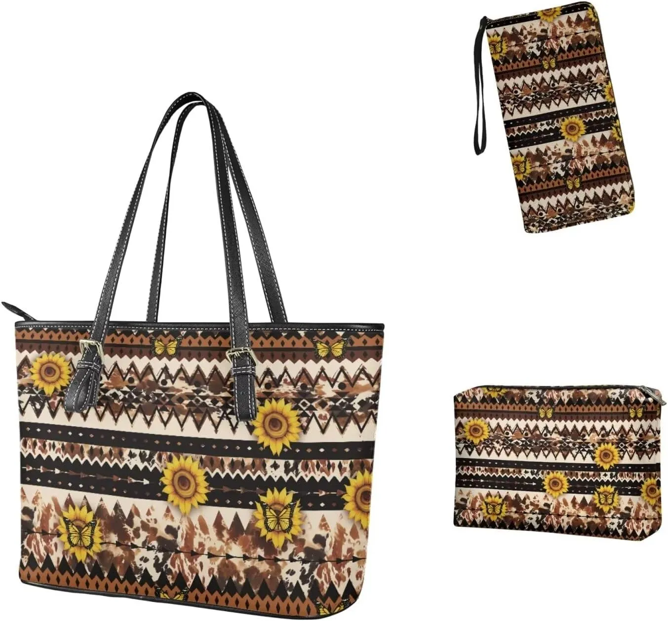 Leather Work Bag for Women Tote Bags with Clutch Makeup Travel Bag and Long Wallet 3 Piece Set