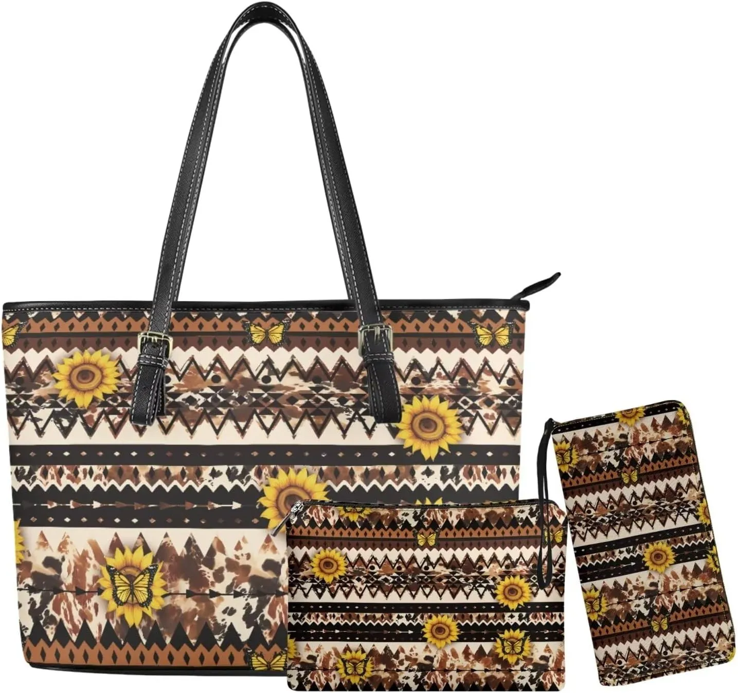 Leather Work Bag for Women Tote Bags with Clutch Makeup Travel Bag and Long Wallet 3 Piece Set