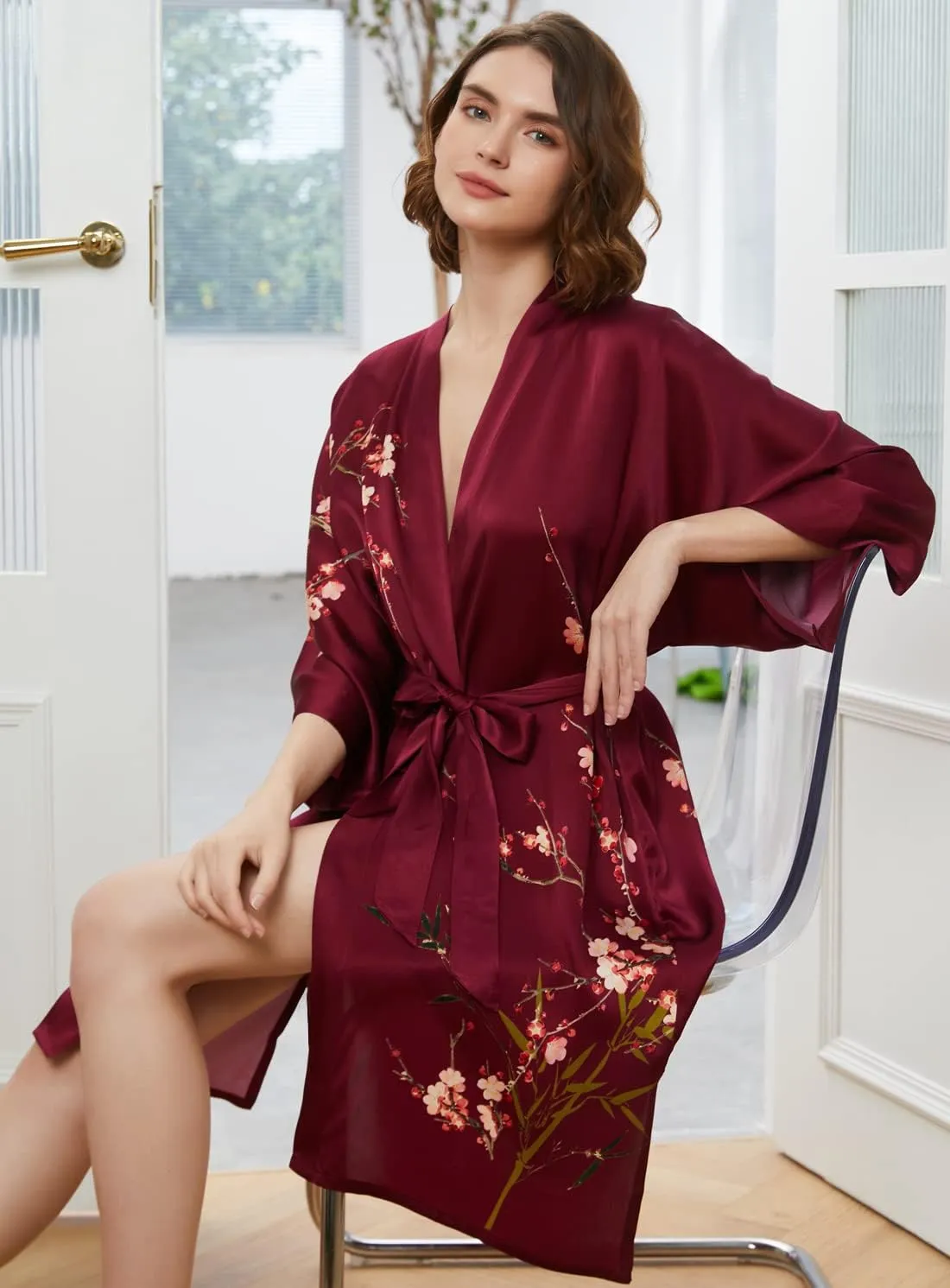 Ledamon Women's 100% Silk Kimono Short Robe