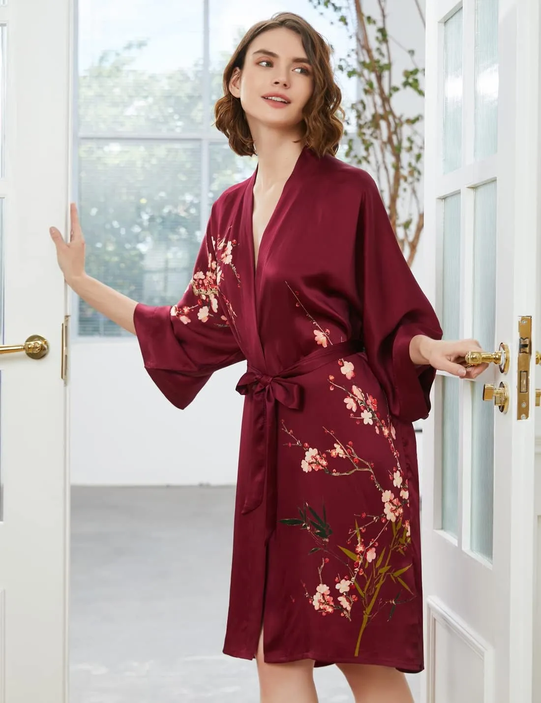 Ledamon Women's 100% Silk Kimono Short Robe